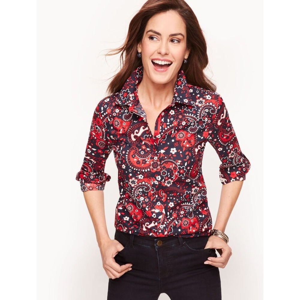 Talbots Women's Classic Cotton Long Sleeve Collared Shirt Picnic Paisley Size M
